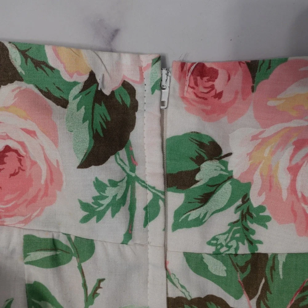 Vtg 90s Rose Print Midi Skirt Women 13 White Floral High Rise Pencil Shabby Chic